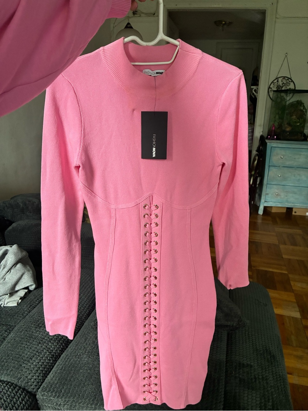 Fashion Nova Pink Long-Sleeve Corset-Front Midi Bodycon Dress